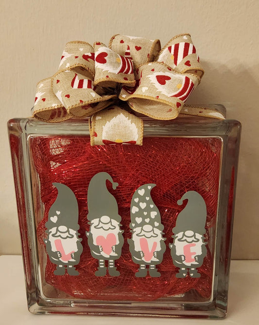 Valentine Gnome Glass Block
